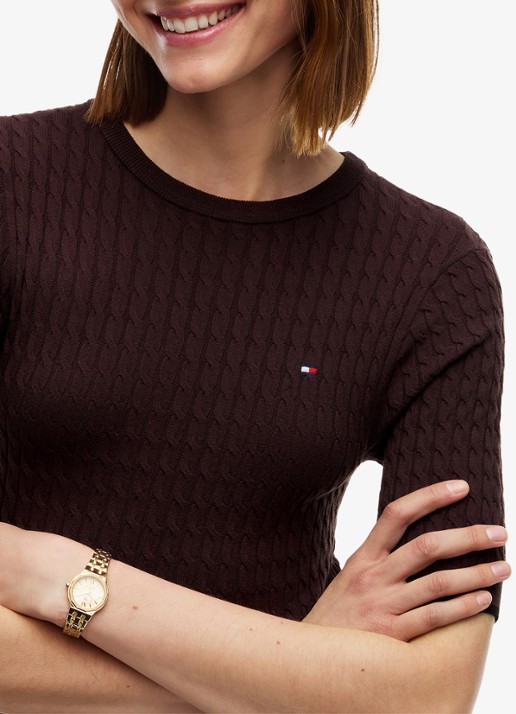 Tommy Hilfiger Kabelgebreide midi jurk met plooien  - detail 4 chocoladebruin