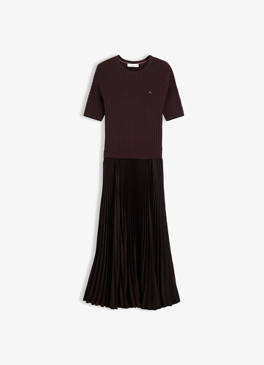 Tommy Hilfiger Kabelgebreide midi jurk met plooien  - voorkant 2 chocoladebruin
