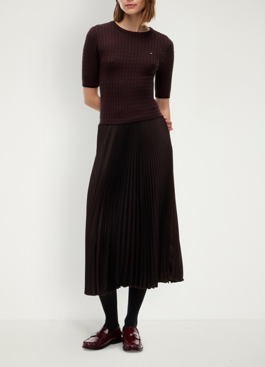 Tommy Hilfiger Kabelgebreide midi jurk met plooien  - voorkant 3 chocoladebruin