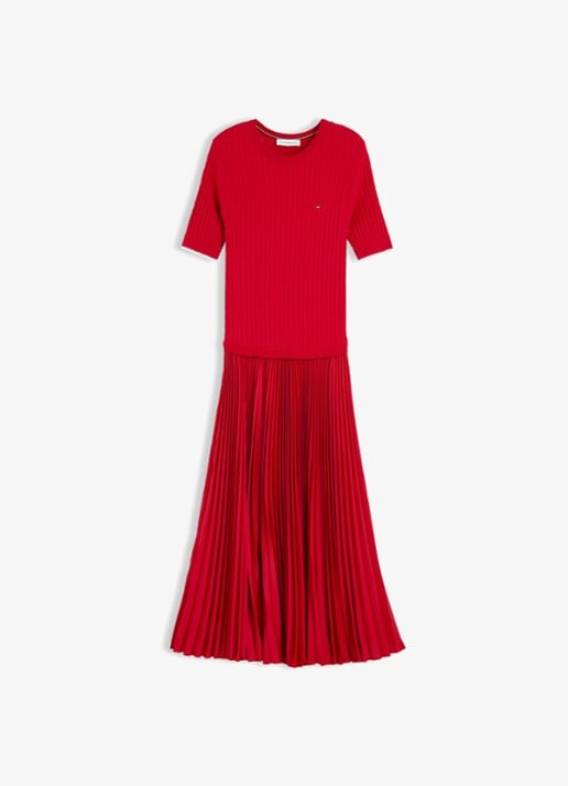 Tommy Hilfiger Kabelgebreide midi jurk met plooien  - voorkant 4 rood