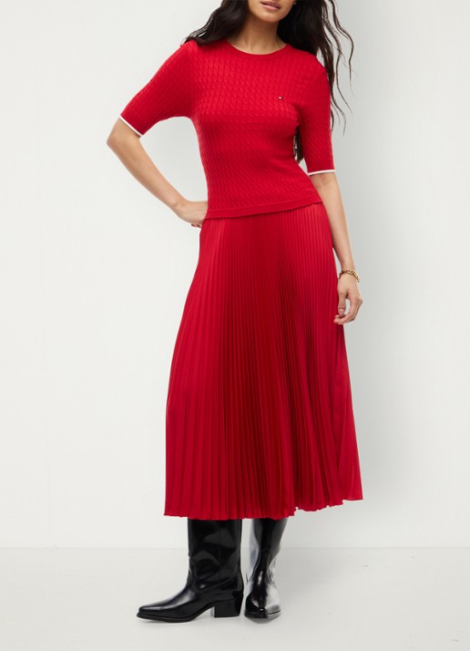Tommy Hilfiger Kabelgebreide midi jurk met plooien  - voorkant 5 rood