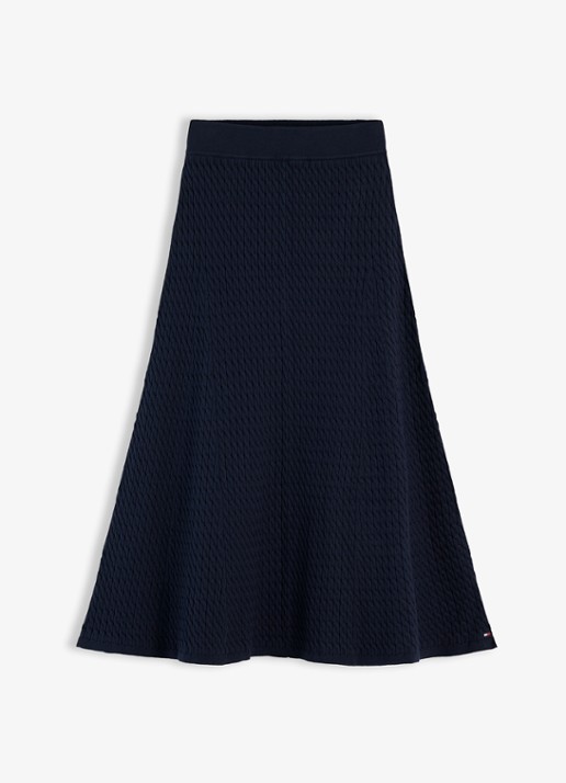 Tommy Hilfiger Kabelgebreide midi rok met logoborduring - voorkant 4 donkerblauw