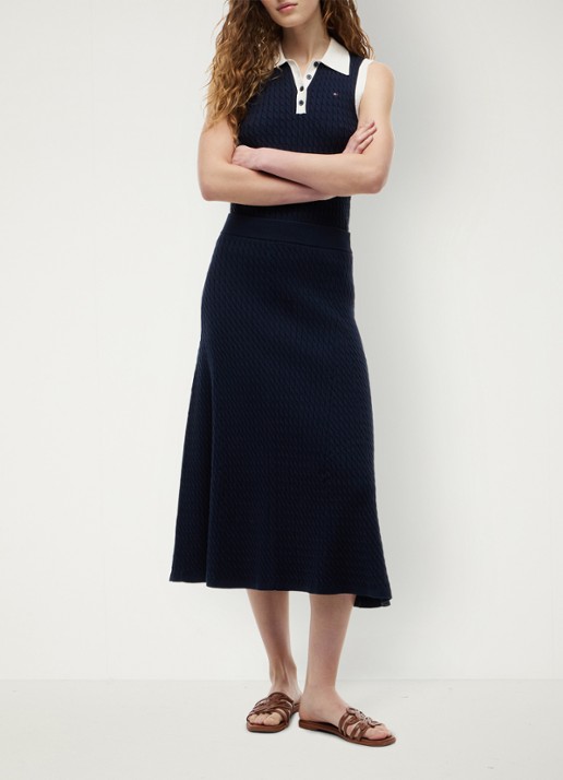 Tommy Hilfiger Kabelgebreide midi rok met logoborduring - voorkant 5 donkerblauw