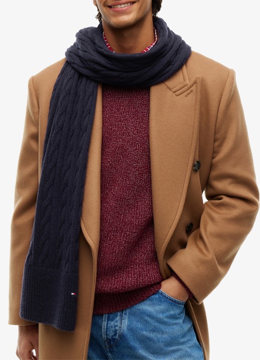 Tommy Hilfiger Kabelgebreide sjaal in lamswolblend - detail blauwgrijs