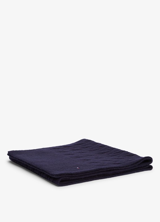 Tommy Hilfiger Kabelgebreide sjaal in lamswolblend - detail 3 blauwgrijs