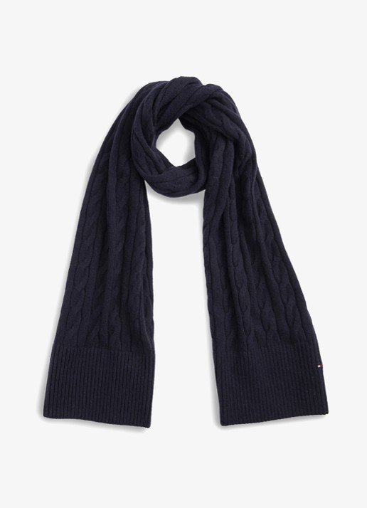 Tommy Hilfiger Kabelgebreide sjaal in lamswolblend - voorkant 4 blauwgrijs