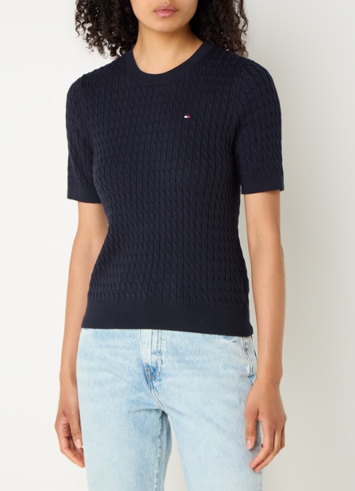 Tommy Hilfiger Kabelgebreide top met logoborduring - detail donkerblauw