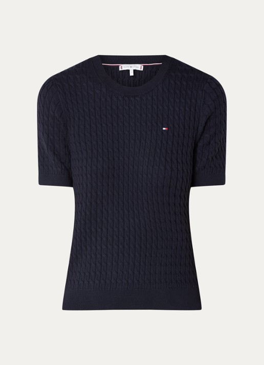 Tommy Hilfiger Kabelgebreide top met logoborduring - voorkant 3 donkerblauw