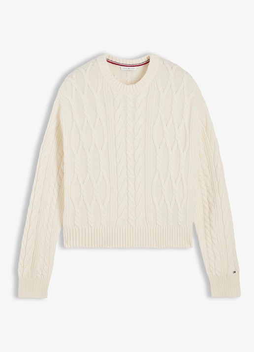 Tommy Hilfiger Kabelgebreide trui in zijdeblend  - voorkant 2 ivoor