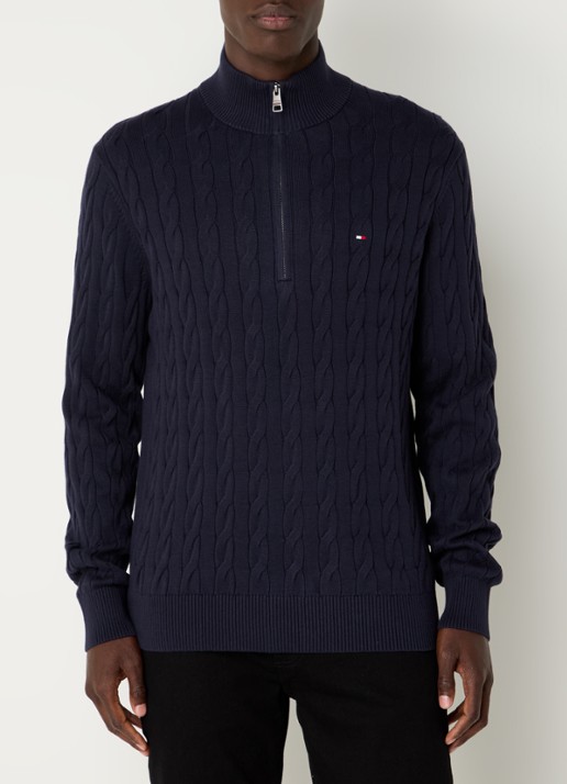 Tommy Hilfiger Kabelgebreide trui met halve rits en logo - detail 2 donkerblauw