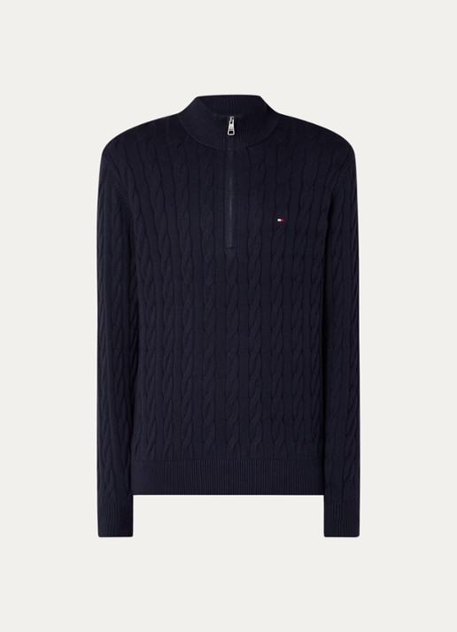 Tommy Hilfiger Kabelgebreide trui met halve rits en logo - voorkant 3 donkerblauw