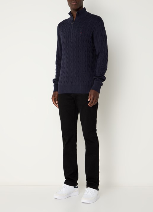 Tommy Hilfiger Kabelgebreide trui met halve rits en logo - voorkant 4 donkerblauw