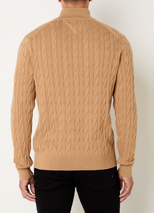 Tommy Hilfiger Kabelgebreide trui met halve rits en logo - achterkant 4 camel