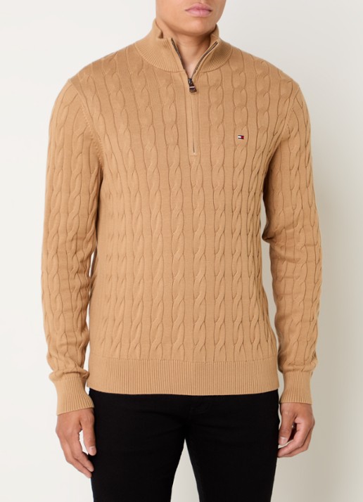 Tommy Hilfiger Kabelgebreide trui met halve rits en logo - detail 3 camel