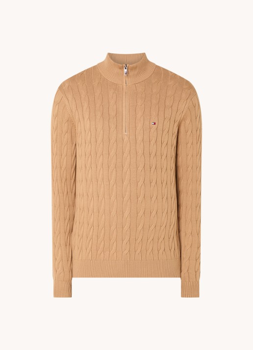 Tommy Hilfiger Kabelgebreide trui met halve rits en logo - voorkant camel