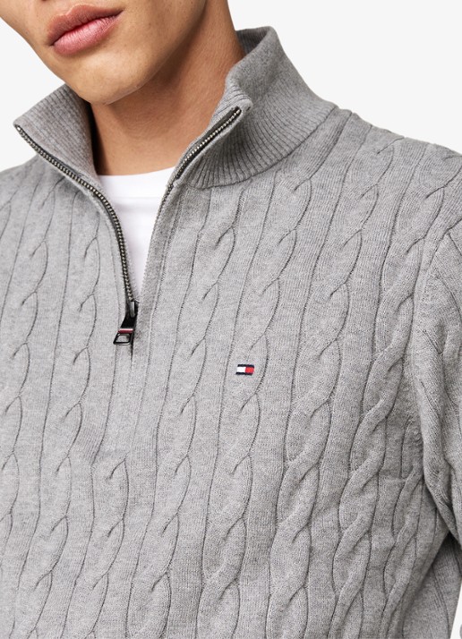 Tommy Hilfiger Kabelgebreide trui met halve rits en logo - detail 4 middengrijs