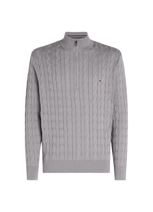Tommy Hilfiger Kabelgebreide trui met halve rits en logo - voorkant middengrijs