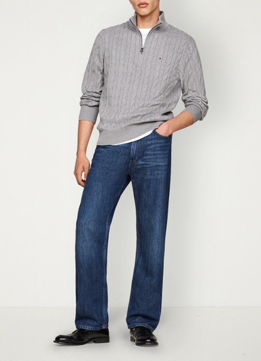 Tommy Hilfiger Kabelgebreide trui met halve rits en logo - voorkant 2 middengrijs