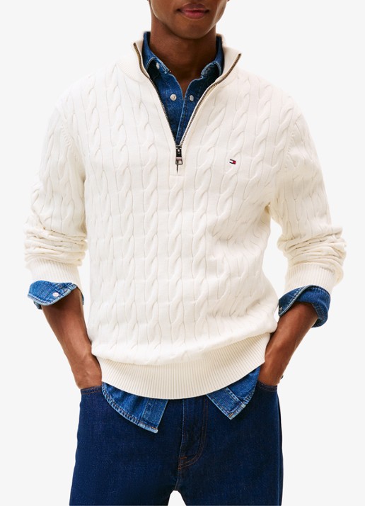 Tommy Hilfiger Kabelgebreide trui met halve rits en logo - detail 4 gebroken wit