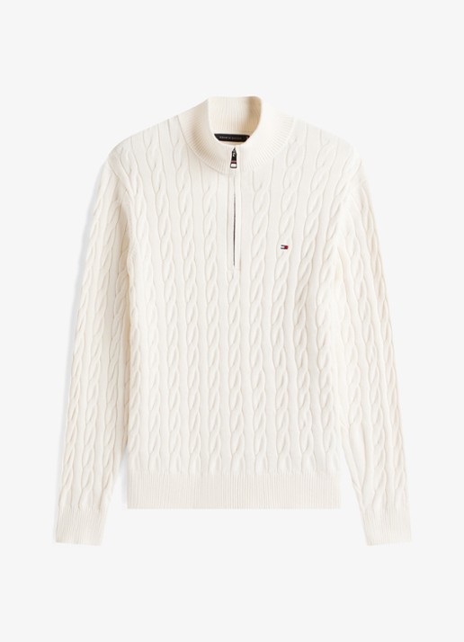 Tommy Hilfiger Kabelgebreide trui met halve rits en logo - voorkant 2 gebroken wit