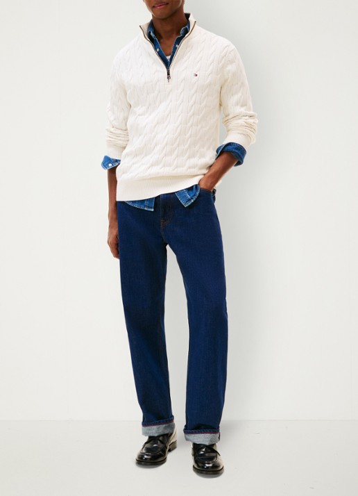 Tommy Hilfiger Kabelgebreide trui met halve rits en logo - voorkant 3 gebroken wit