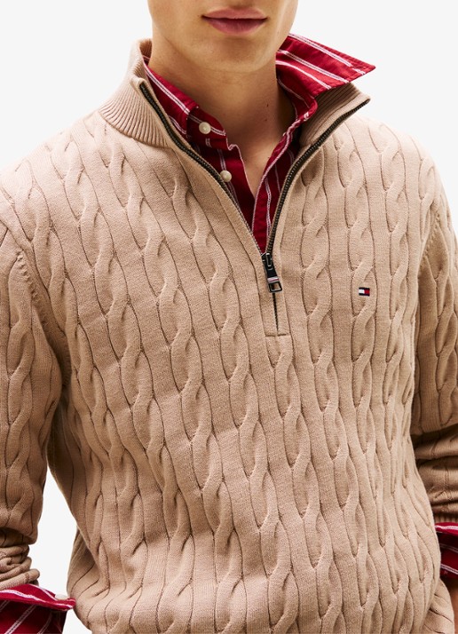 Tommy Hilfiger Kabelgebreide trui met halve rits en logo - detail 5 beige