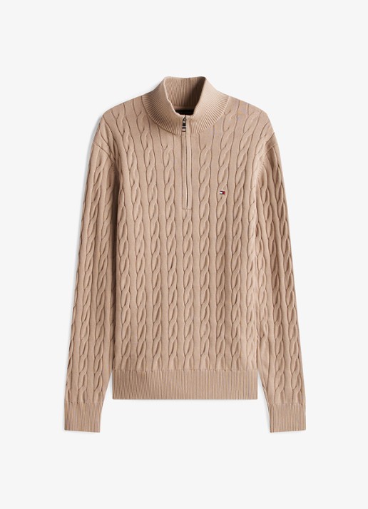 Tommy Hilfiger Kabelgebreide trui met halve rits en logo - voorkant 2 beige