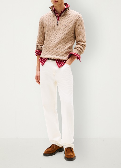 Tommy Hilfiger Kabelgebreide trui met halve rits en logo - voorkant 3 beige