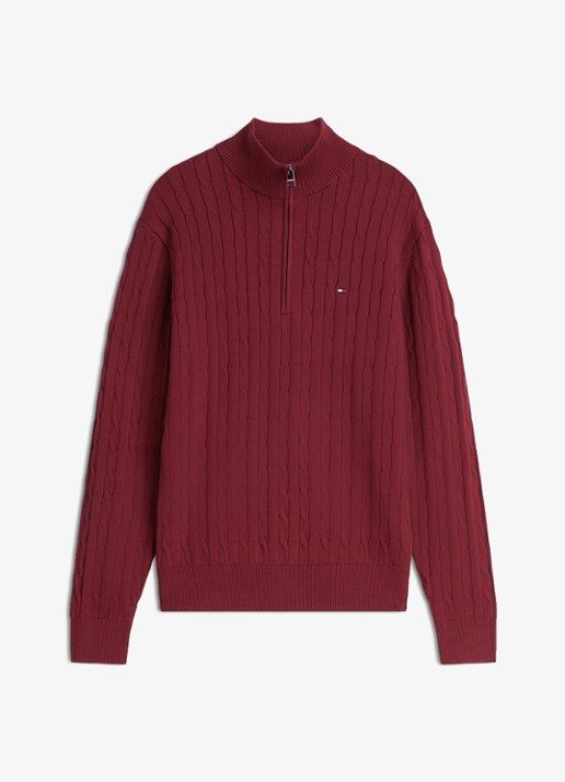 Tommy Hilfiger Kabelgebreide trui met halve rits en logo - voorkant 4 burgundy-vlp