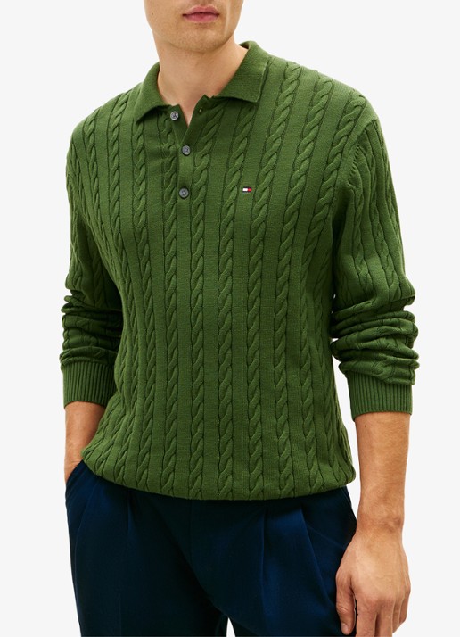 Tommy Hilfiger Kabelgebreide trui met polokraag en logoborduring - detail 3 donkergroen