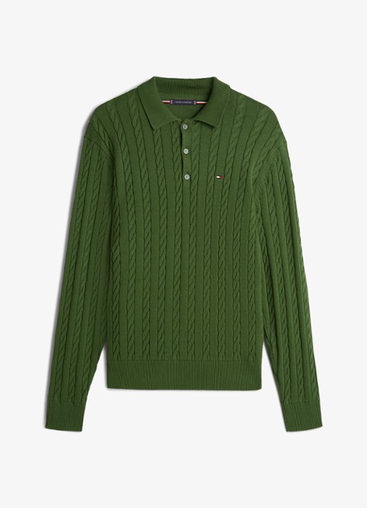 Tommy Hilfiger Kabelgebreide trui met polokraag en logoborduring - voorkant donkergroen
