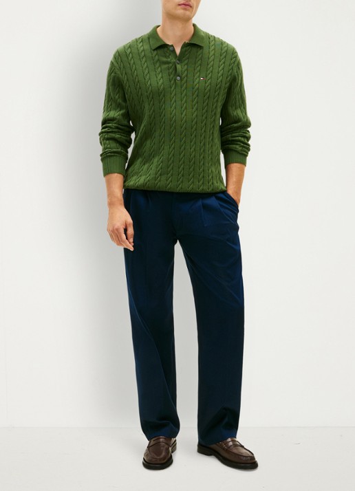 Tommy Hilfiger Kabelgebreide trui met polokraag en logoborduring - voorkant 2 donkergroen