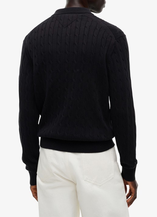 Tommy Hilfiger Kabelgebreide trui met polokraag en logoborduring - achterkant zwart