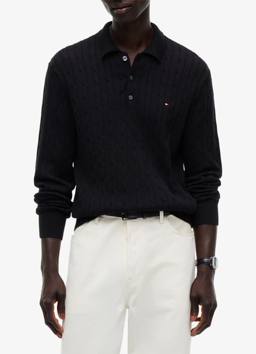 Tommy Hilfiger Kabelgebreide trui met polokraag en logoborduring - detail 2 zwart