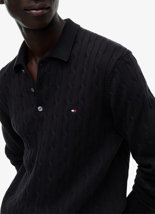 Tommy Hilfiger Kabelgebreide trui met polokraag en logoborduring - detail 3 zwart