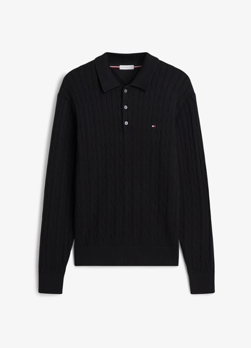 Tommy Hilfiger Kabelgebreide trui met polokraag en logoborduring - voorkant 4 zwart