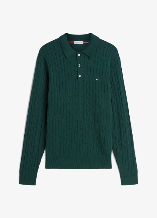 Tommy Hilfiger Kabelgebreide trui met polokraag en logoborduring - voorkant donkergroen