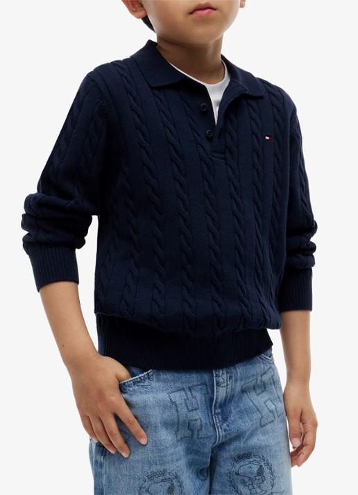 Tommy Hilfiger Kabelgebreide trui met polokraag - detail donkerblauw