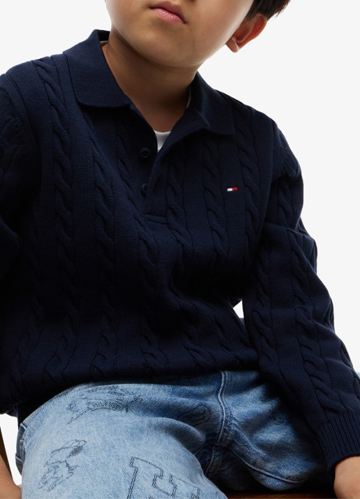 Tommy Hilfiger Kabelgebreide trui met polokraag - detail 4 donkerblauw