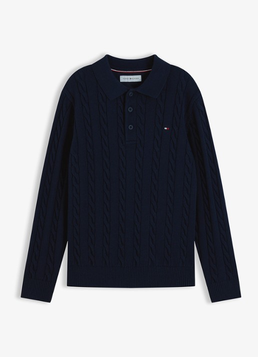 Tommy Hilfiger Kabelgebreide trui met polokraag - voorkant 9 donkerblauw