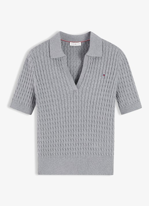 Tommy Hilfiger Kabelgebreide trui met v-hals  - voorkant grijs