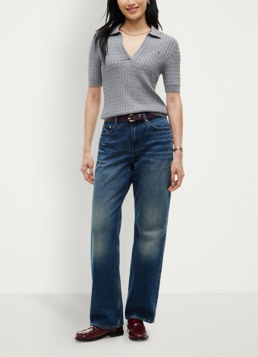 Tommy Hilfiger Kabelgebreide trui met v-hals  - voorkant 2 grijs