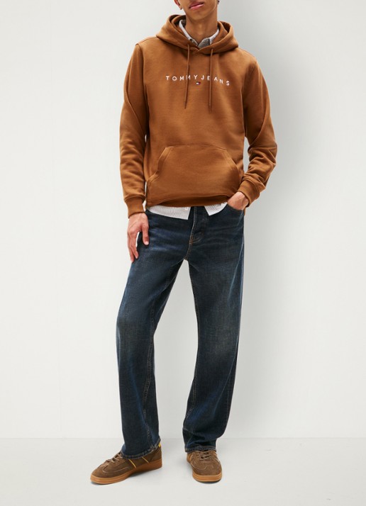 Tommy Hilfiger Linear Logo Embroidery Kangaroo Pocket Hoody - voorkant 2 bruin