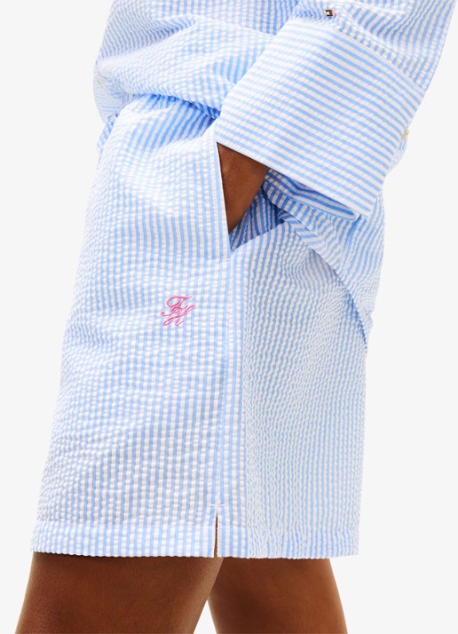 Tommy Hilfiger Mid waist wide fit strandshort met streepprint - detail 5 lichtblauw