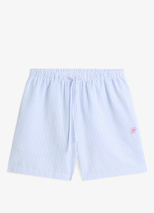Tommy Hilfiger Mid waist wide fit strandshort met streepprint - voorkant lichtblauw