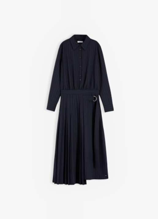 Tommy Hilfiger Midi blouse jurk met streepprint  - voorkant 2 donkerblauw