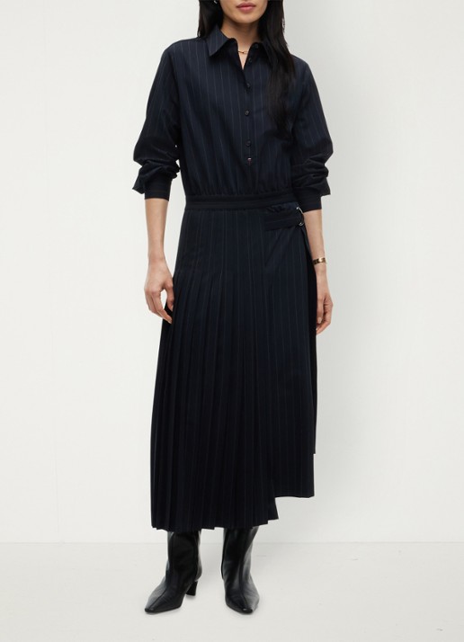 Tommy Hilfiger Midi blouse jurk met streepprint  - voorkant 3 donkerblauw