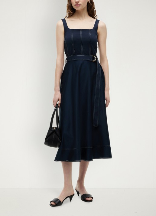 Tommy Hilfiger Midi jurk met ceintuur - voorkant donkerblauw