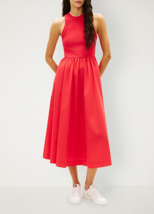Tommy Hilfiger Midi jurk met plooien en logoborduring - voorkant 3 red alert-xk3 / rood
