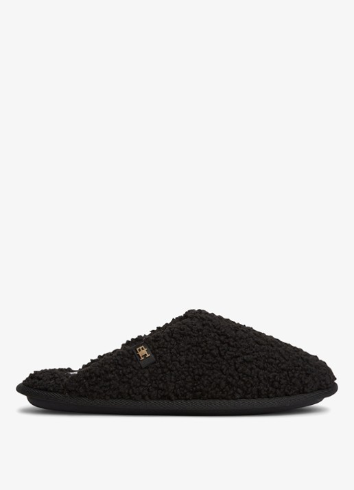 Tommy Hilfiger Monogram slipper met details van teddy  - voorkant 6 zwart